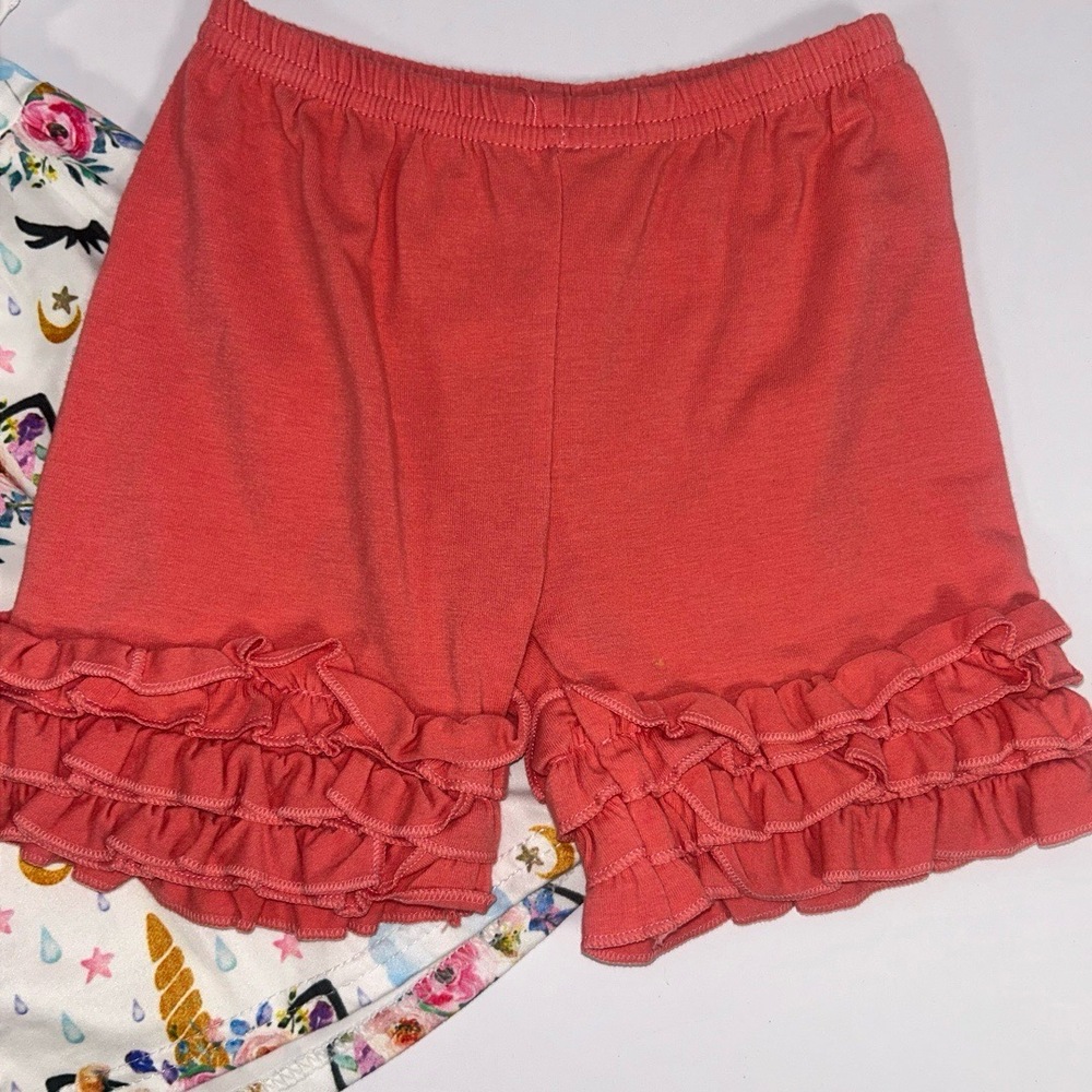 Girls 3T Medium Unicorn Ruffle Dress Shorts Set White Peach Orange Outfit - Picture 2 of 5